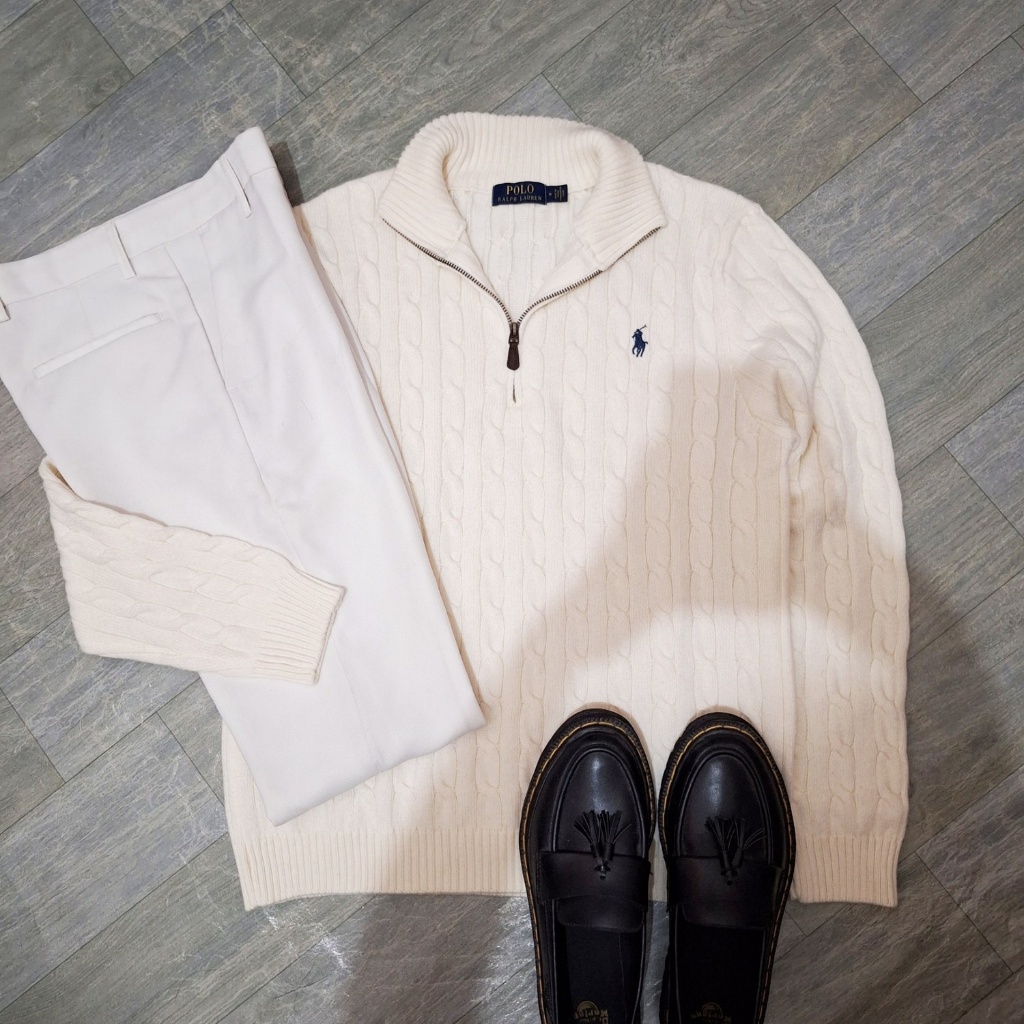 New Cable Knit Quarter Zip Sweater Cream White Polo Ralph Lauren Pria Wanita Original