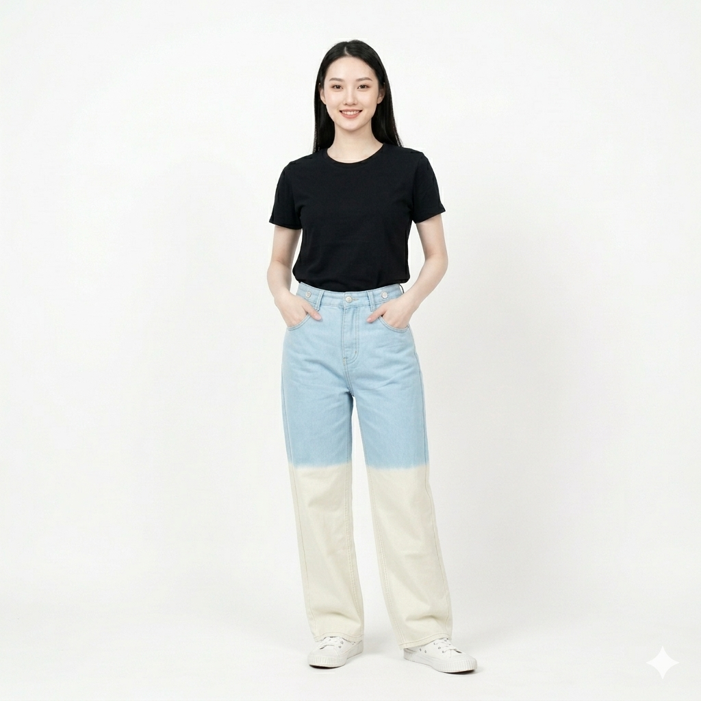 XILIN JEANS - 001 CELANA BAGGY WANITA SEMI JEANS GRADASI BIRU PUTIH TULANG