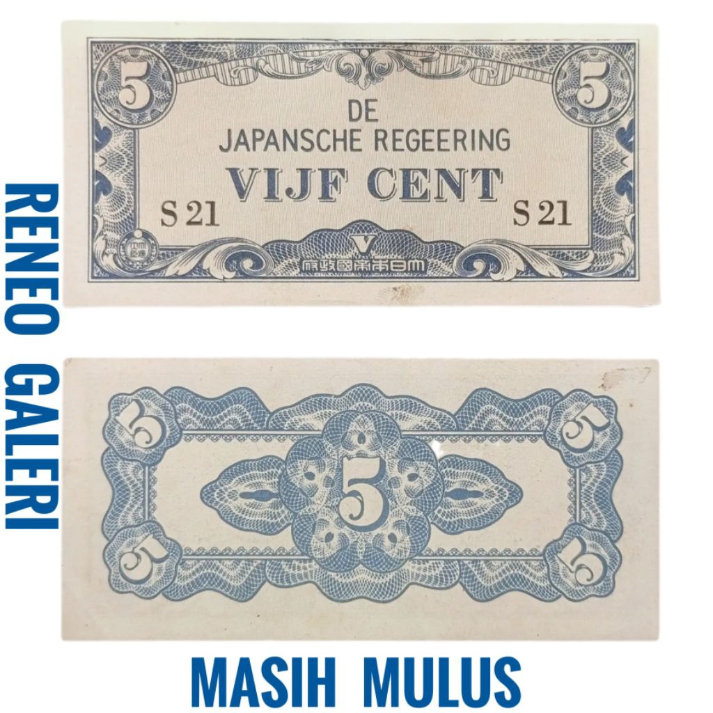 Mulus asli 5 Cent Vijh Sen Seri DJR Tahun 1942 Uang kertas kuno duit jadul lawas lama original antik