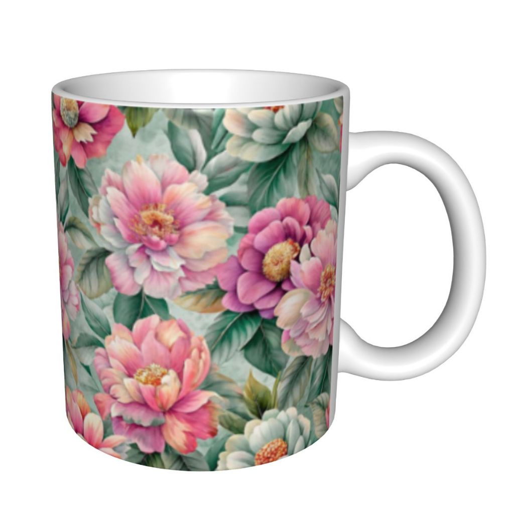 Gelas Mug Kopi Keramik Motif Bunga Peony Cantik Gelas Minum Kopi Teh Elegan untuk Rumah Kantor,Hadia