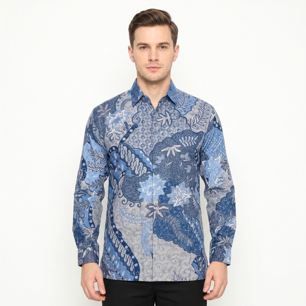 |Magnus| Kemeja Batik Pria Lengan Panjang Bahan Katun 40S Lapis Furring Arrow Warna Biru Denim