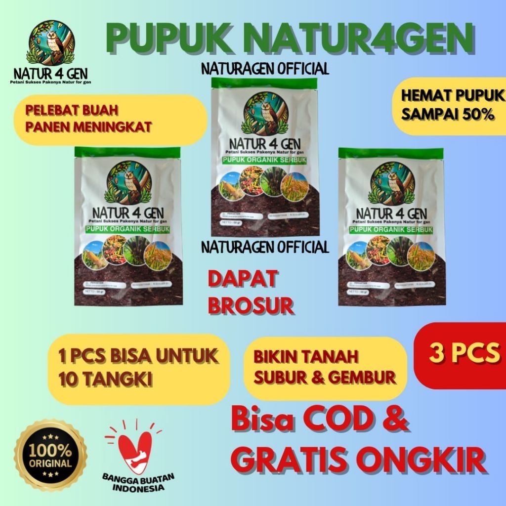 3 Pcs Pupuk Bio Organik  Natur4gen Pupuk Organik Naturagen Asli - Booster Padi Jagung Sawit - Penghe