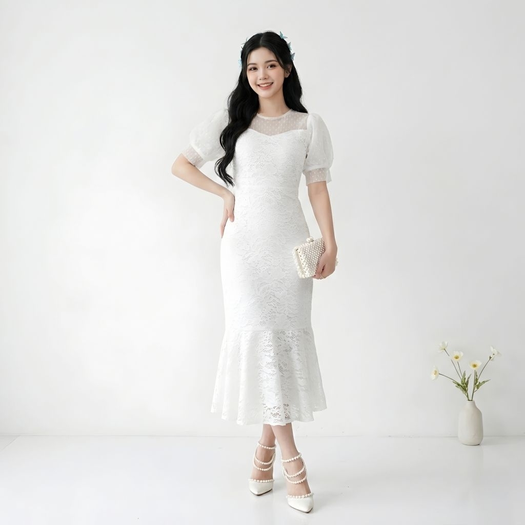 Dress Brukat Putih Whitenes Gaun Pesta Mewah Elegan Gaun Cantik Model Duyung Ms