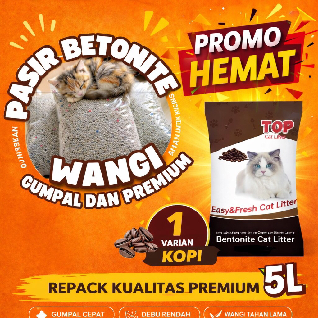 PASIR KUCING TOP CAT LITTER 5 L KOPI REPACK PREMIUM, WANGI & GUMPAL