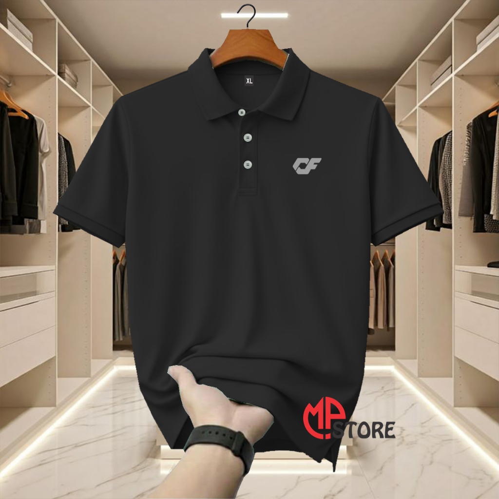 Kaos Polo Shrit Distro CF Text Silver Lengan Pendek Premium Quality Kaos Kerah Unisex Baju Seragam A