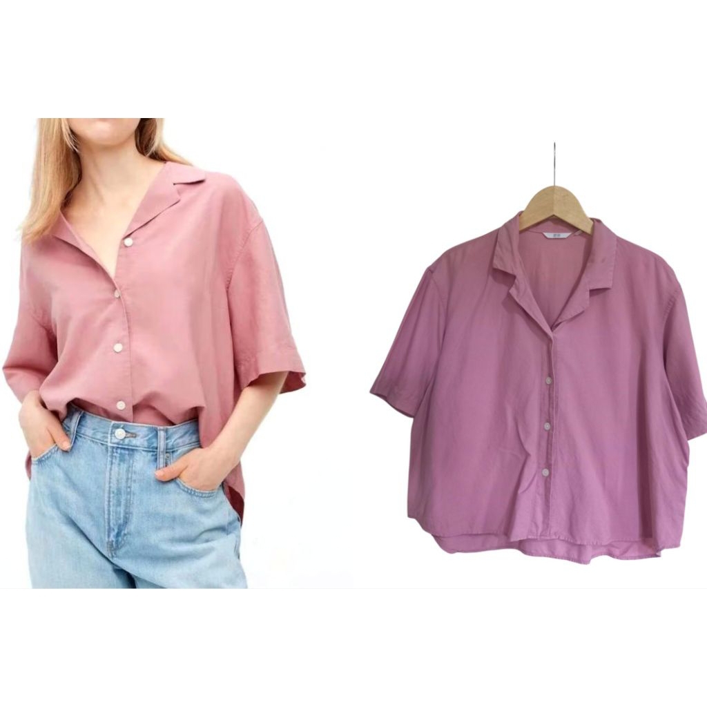 Uniqlo Linen Blend Atasan Kemeja Linen Kerah Terbuka Lengan Pendek Wanita | L