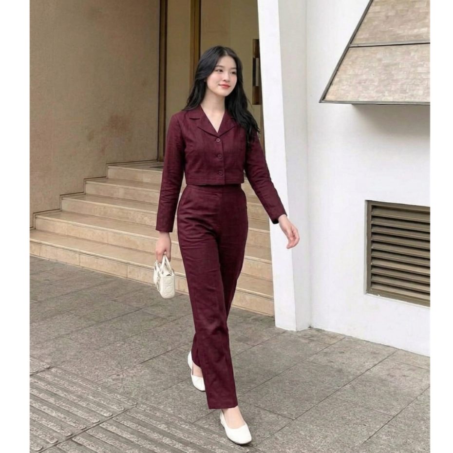 Oneset Crop Kemeja Polos Wanita Atasan Dan Celana Highwaist Bahan Katun Premium - Setelan Korean Sty