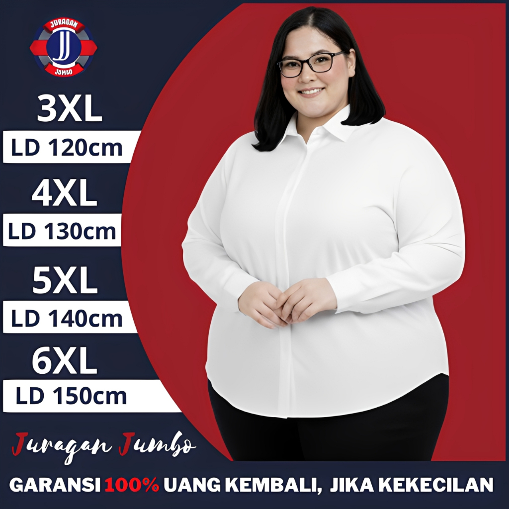 Kemeja Putih Wanita Jumbo LD 120 130 140 150 Lengan Panjang Polos Rayon Twill Premium
