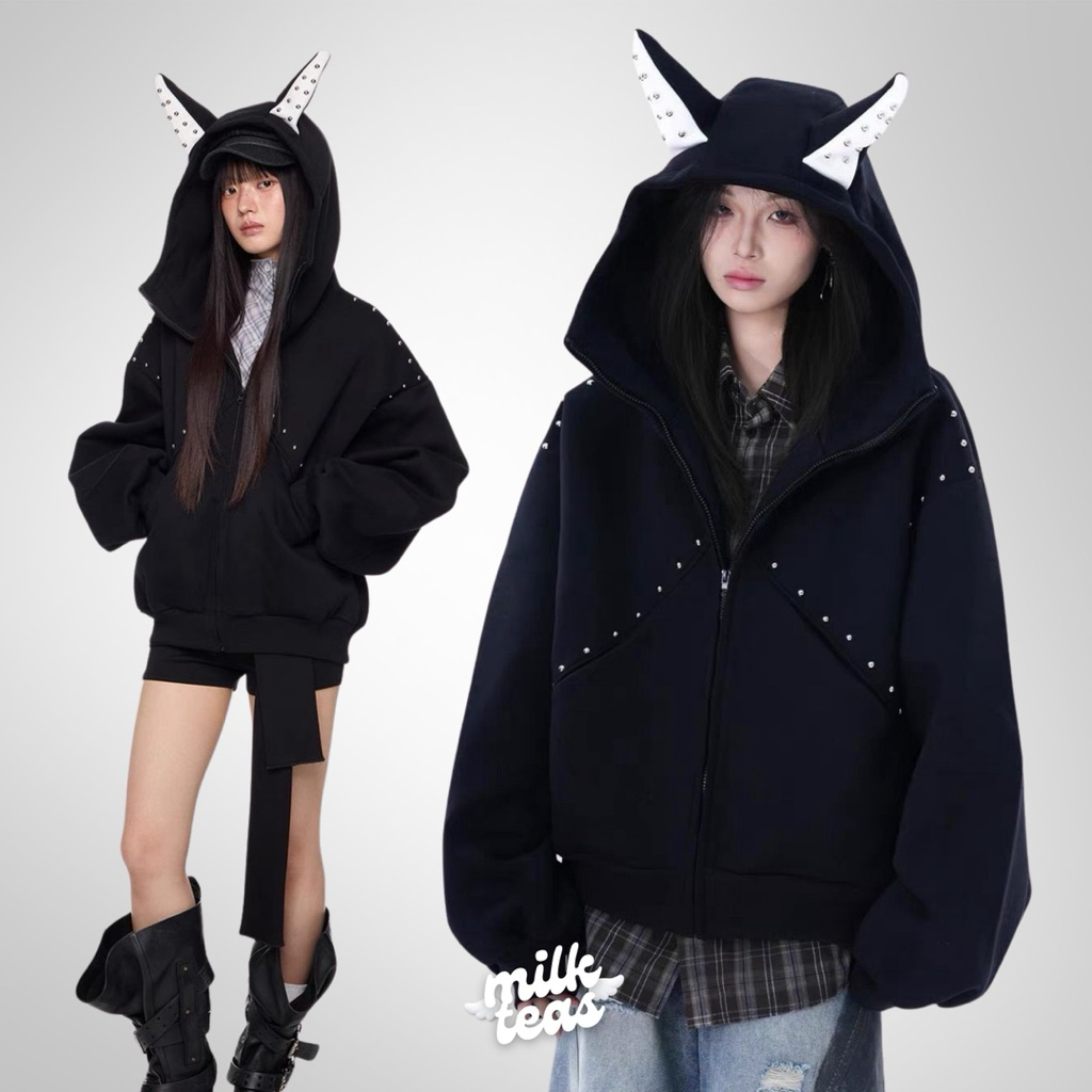 Kitsuro Jacket | MILKTEAS | Jaket Zip Telinga Rubah Hitam Abu Abu Oversize Jacket Wanita Pria Unisex