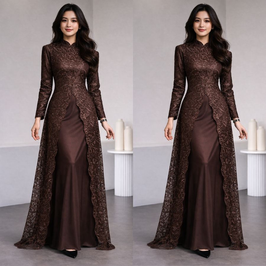 Dress Mahogany Binar Gamis Raya Brokat Satin Premium Pressbody Muslim Bridesmaid Lamaran Kondangan