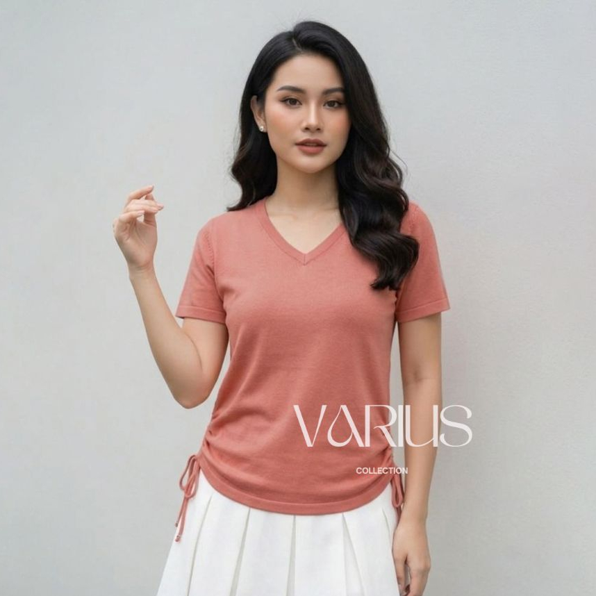 Varius - Atasan Wanita Serut Samping Leher V Neck Jumbo Lengan Pendek Kaos Wanita V Neck Oversize Ju