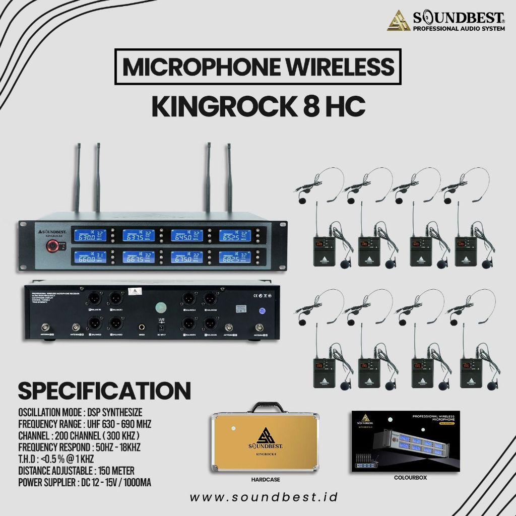 Mic Wireless Soundbest KINGROCK 8 / KINGROCK8 — VARIAN : 8 PEGANG // 8 MEJA CONFERENCE // 8 HEADSET + CLIP ON // 4 PEGANG + 4 HEADSET + CLIP ON