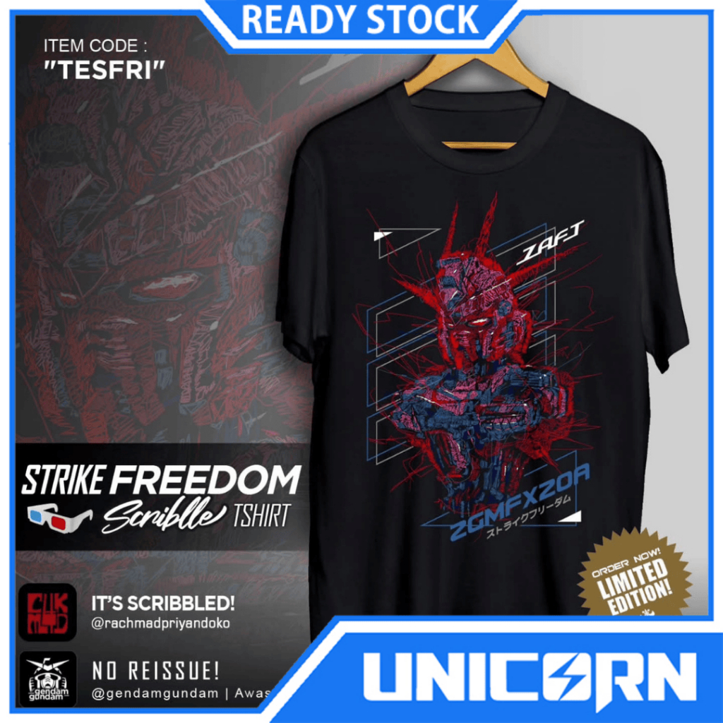 T-Shirt Strike Freedom Scribble Black / Kaos Strike Freedom Scribble Hitam Gendam Gundam