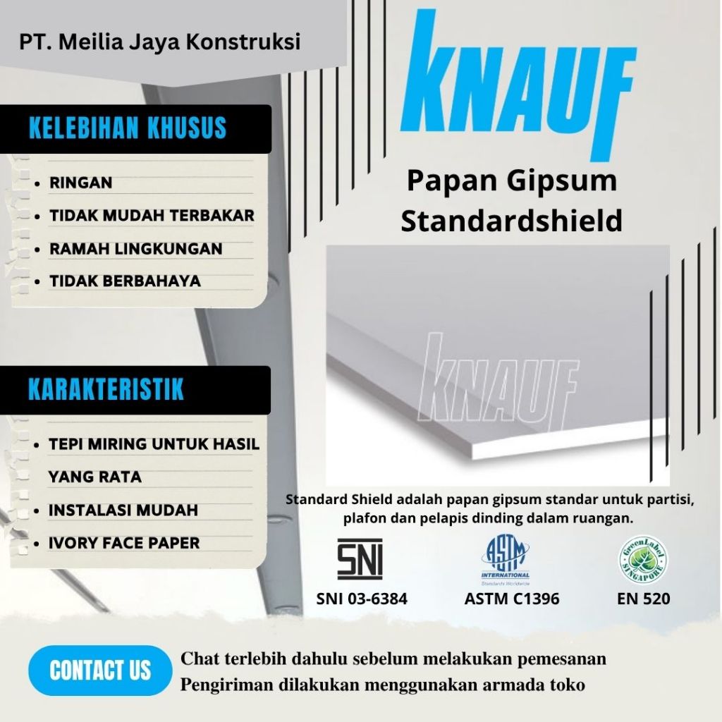Gypsum Board Knauf Standard / Papan Plafon 1200 x 2400mm tebal 9mm