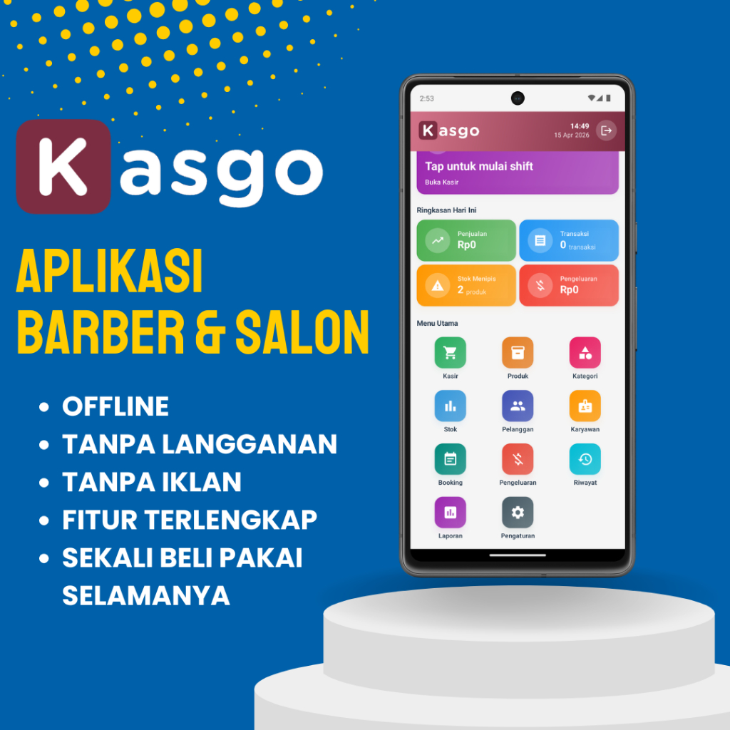 Aplikasi Kasir Android Offline Kasgo Untuk cuci mobil / motor, bengkel, barbershop, salon, kecantika