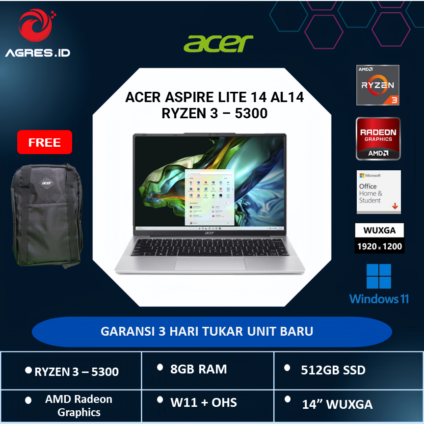 ACER ASPIRE LITE 14 AL14 RYZEN 3 5300 8GB 512GB W11+OHS 14.0WUXGA IPS