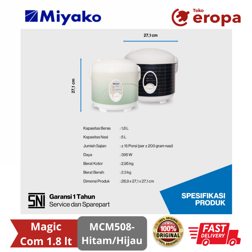 Magic Com 1.8 lt Miyako MCM508-Hitam/Hijau/Biru/Ungu