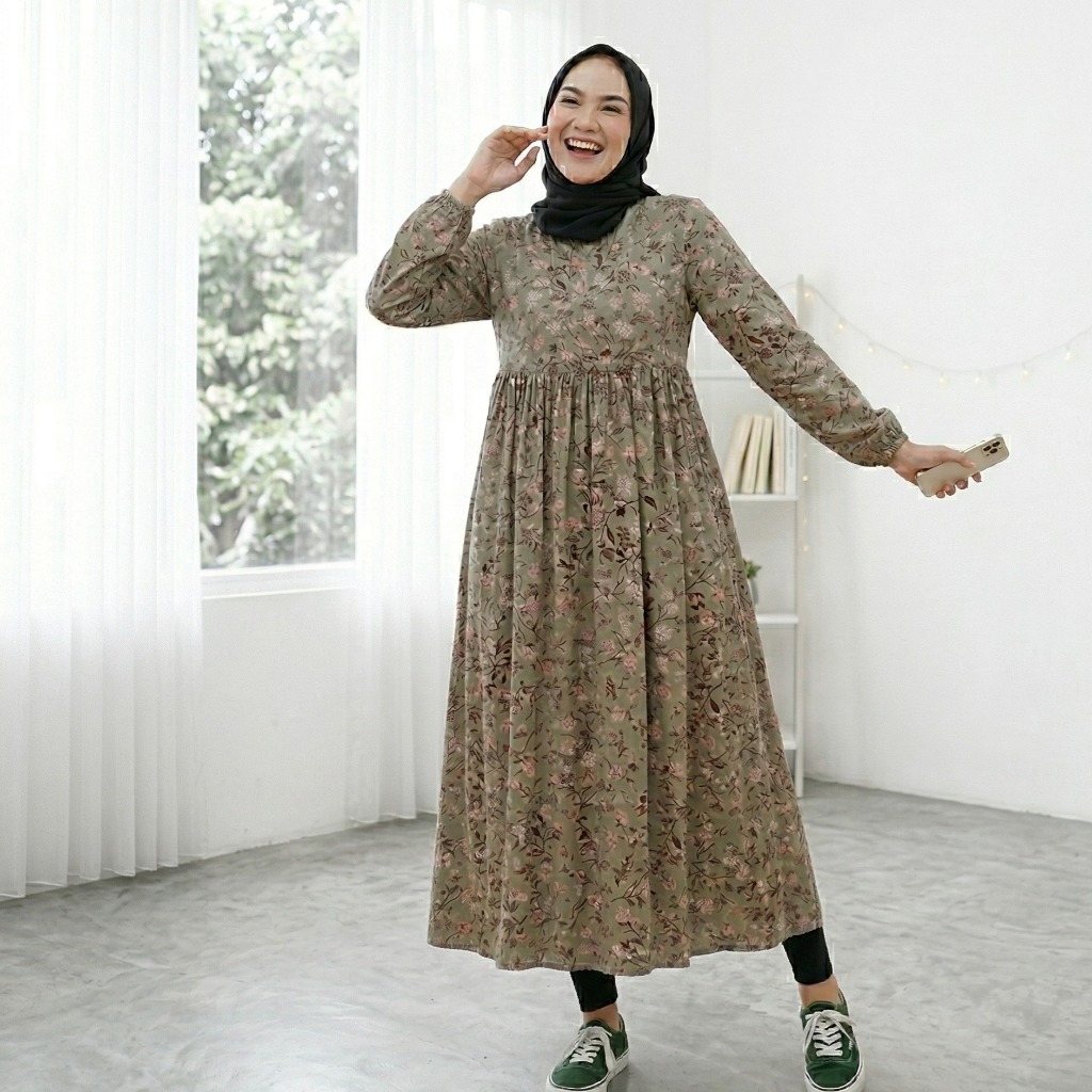 Long Dress Tunik Midi Rayon Premium Motif Bunga Nyaman Dipakai