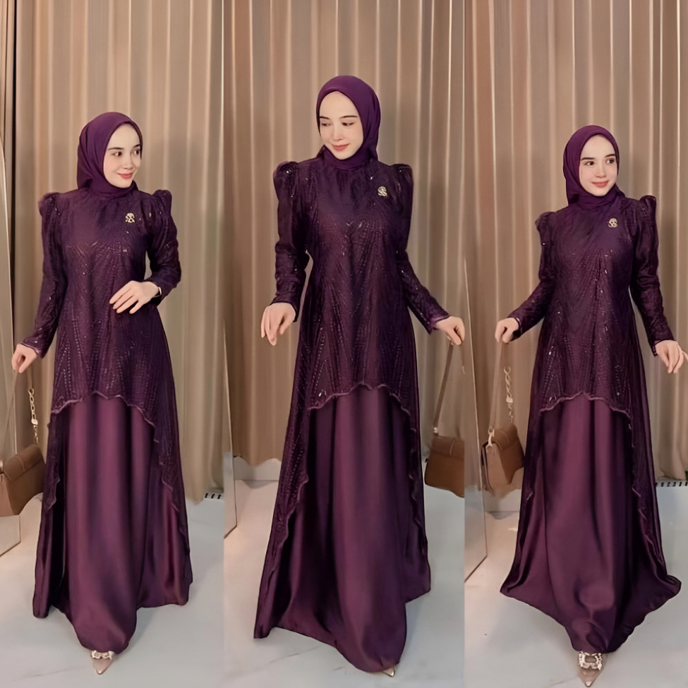 Dress Kondangan Muslimah Elegan Gamis Brokat Tile Mutiara Kombinasi Satin Gamis Pesta Mewah Kekinian