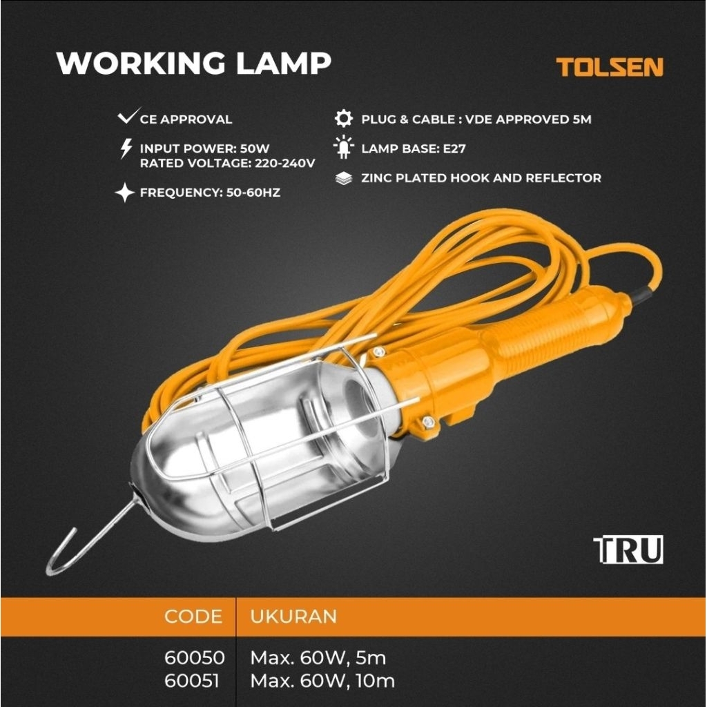 Lampu Kerja Gantung 60 Watt Kabel 5 Meter,10 meter TOLSEN 60050/Working Lamp 60 Watt Kabel 5M,10M TO