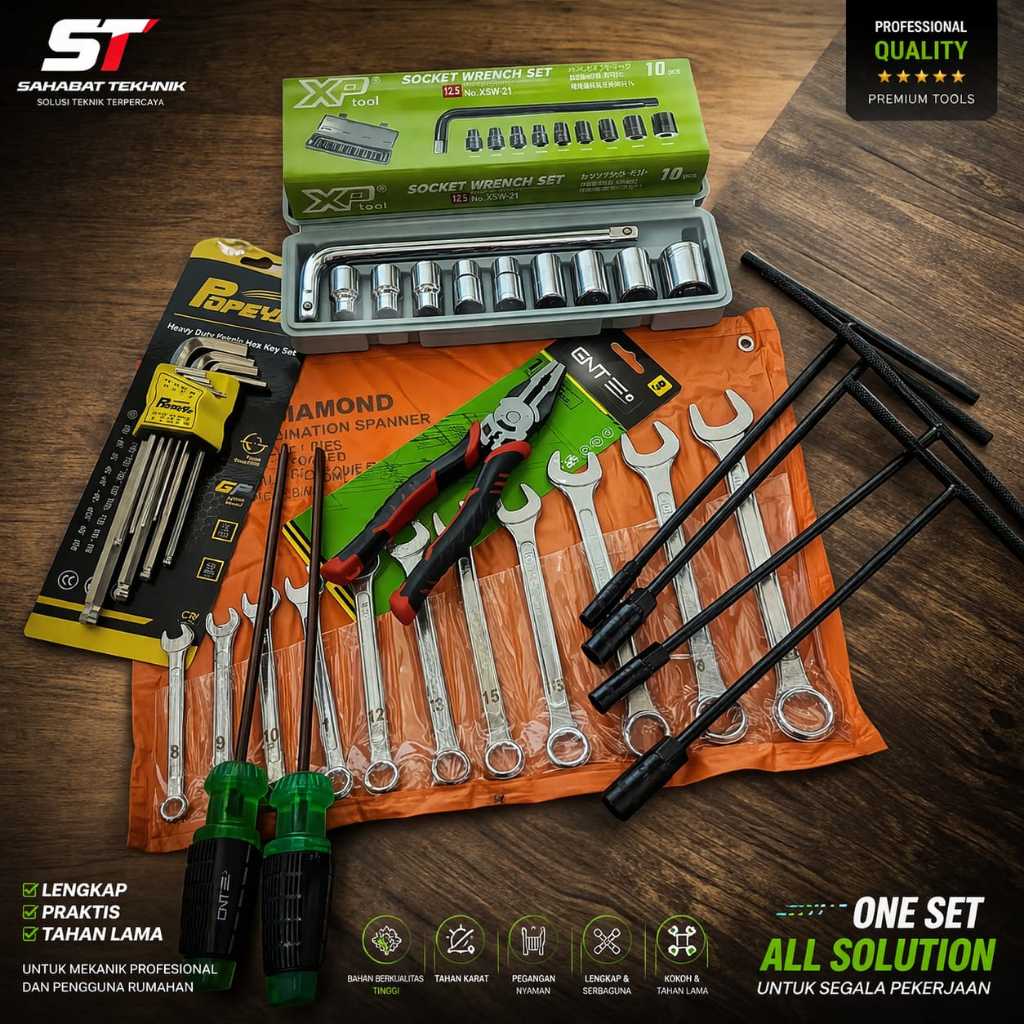 PROMO  Paket Kunci Bengkel Motor Lengkap 1 Set / Kunci T/Kunci Shock/Pas Ring Set/Tang Kombinasi/L S