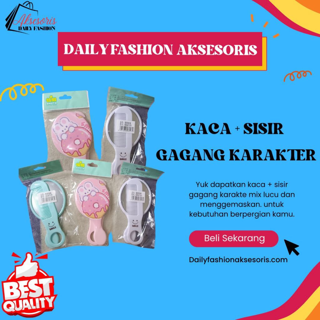 Kaca Sisir 2in1 Mini Karakter Lucu | Kaca Lipat + Sisir Travel Praktis Aesthetic Wanita