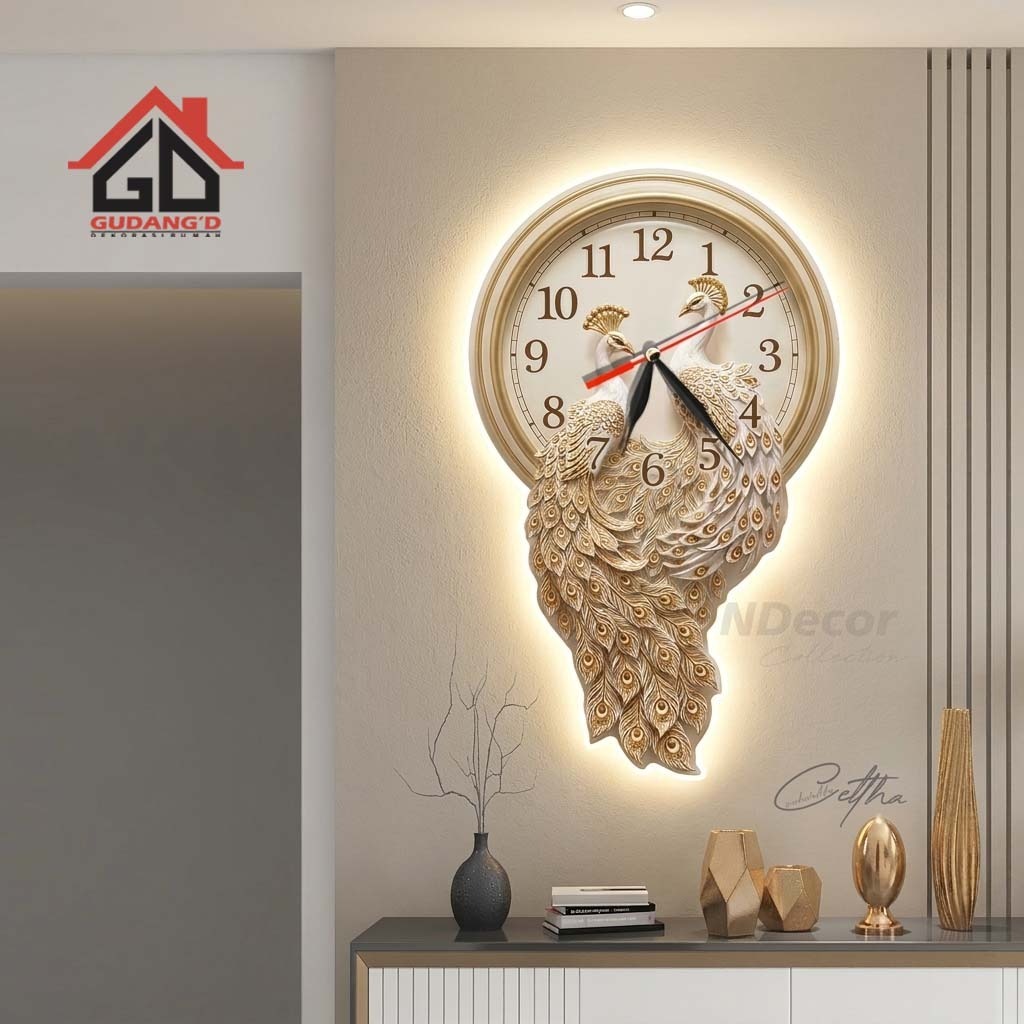 Jam Dinding Kayu Ukir Model Burung Merak Lampu Hiasan Dinding Aesthetic