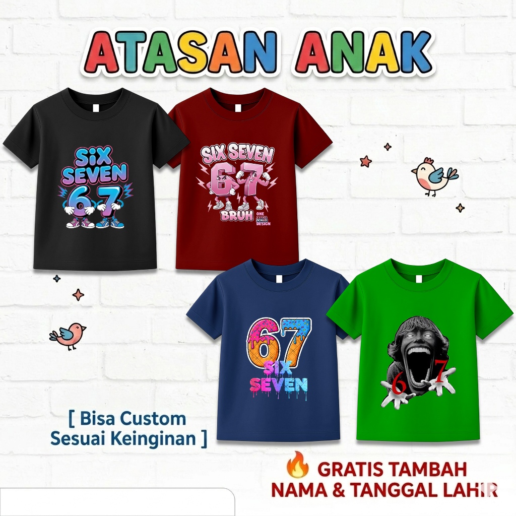 Baju Kaos Anak SIx Seven Anak Laki Laki Karakter Anomali 67 Steal A Brainrot Keren Umur 3 - 13 Tahun