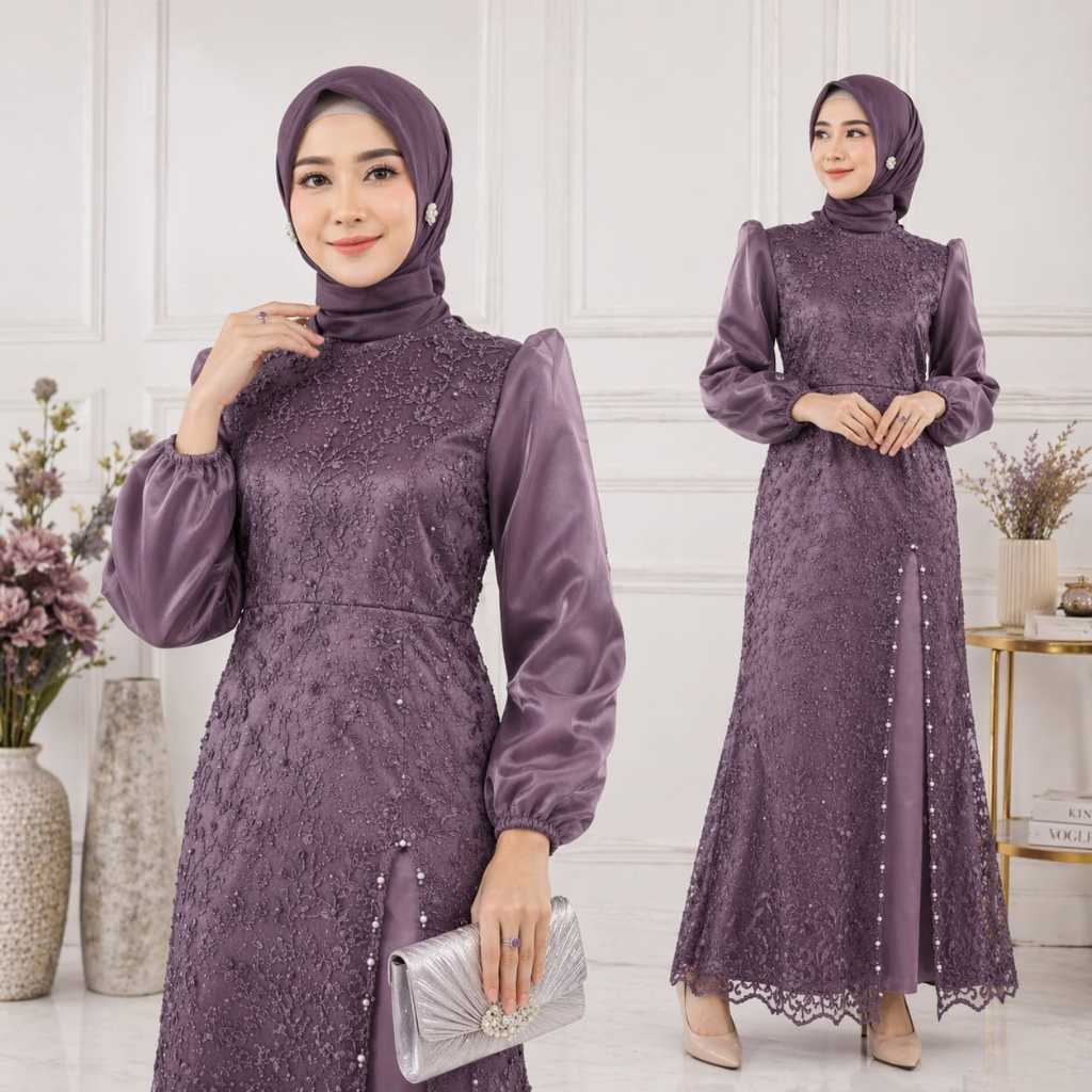 DRESS MAHIRA Gamis Maxi Semi Duyung Organza Saten Brukat Mewah 6 Warna M L XL