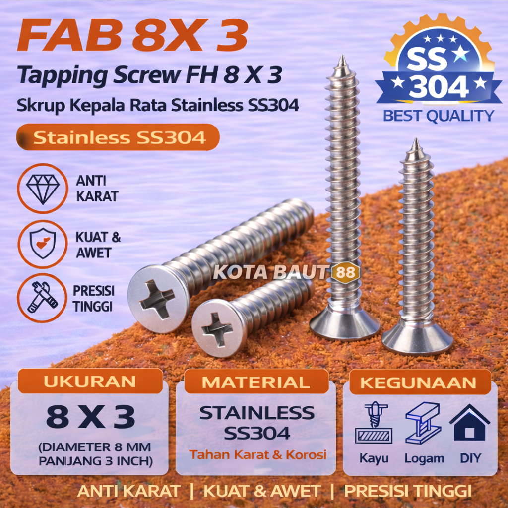 FAB 8X 3 Tapping Screw FH 8 X  3 Skrup Kepala Rata Stainless SS304