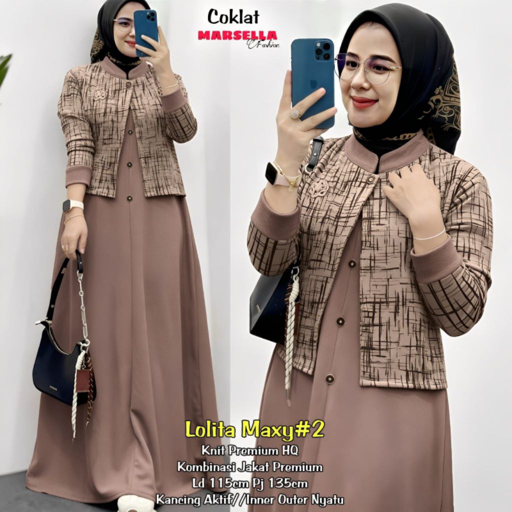 Gamis Wanita Maxi Dress Set Outer Knit Panjang Lengan Panjang