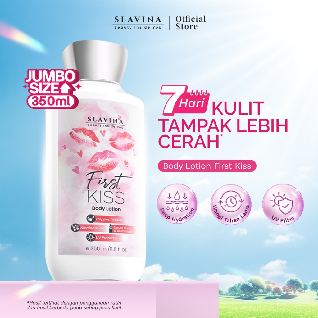 SLAVINA Body Lotion First Kiss by Nagita Slavina 350ML– Handbody Whitening & Body Serum Pemutih Bada