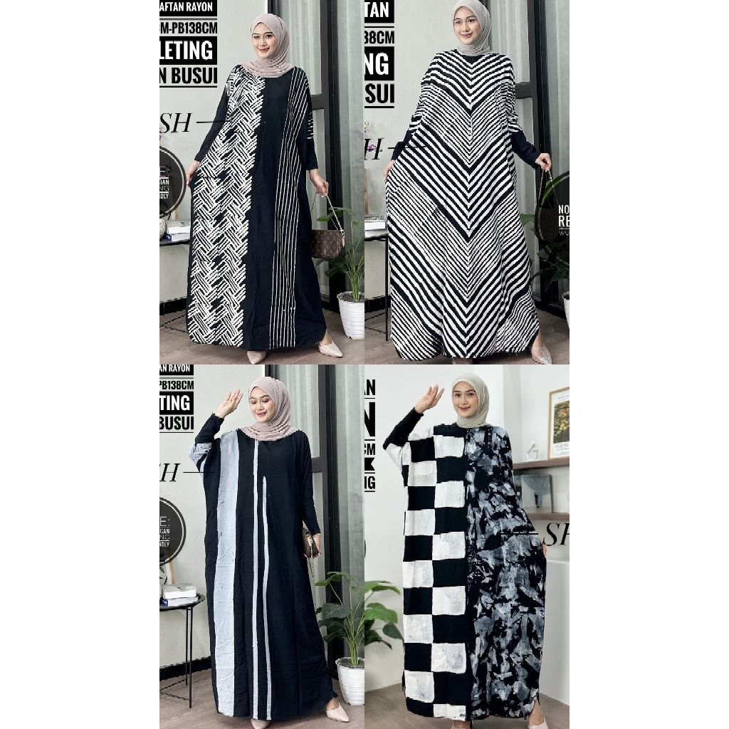 Kaftan Rayon Wanita Jumbo Motif Hitam Putih | Daster Kalong Premium Busui Friendly | Gamis Longgar A