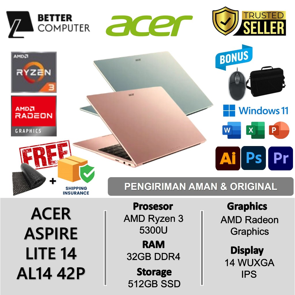 Laptop Acer Aspire Lite 14 AL14 42 AMD Ryzen 3 5300U 32GB SSD 512GB WUXGA IPS Windows 11 OHS