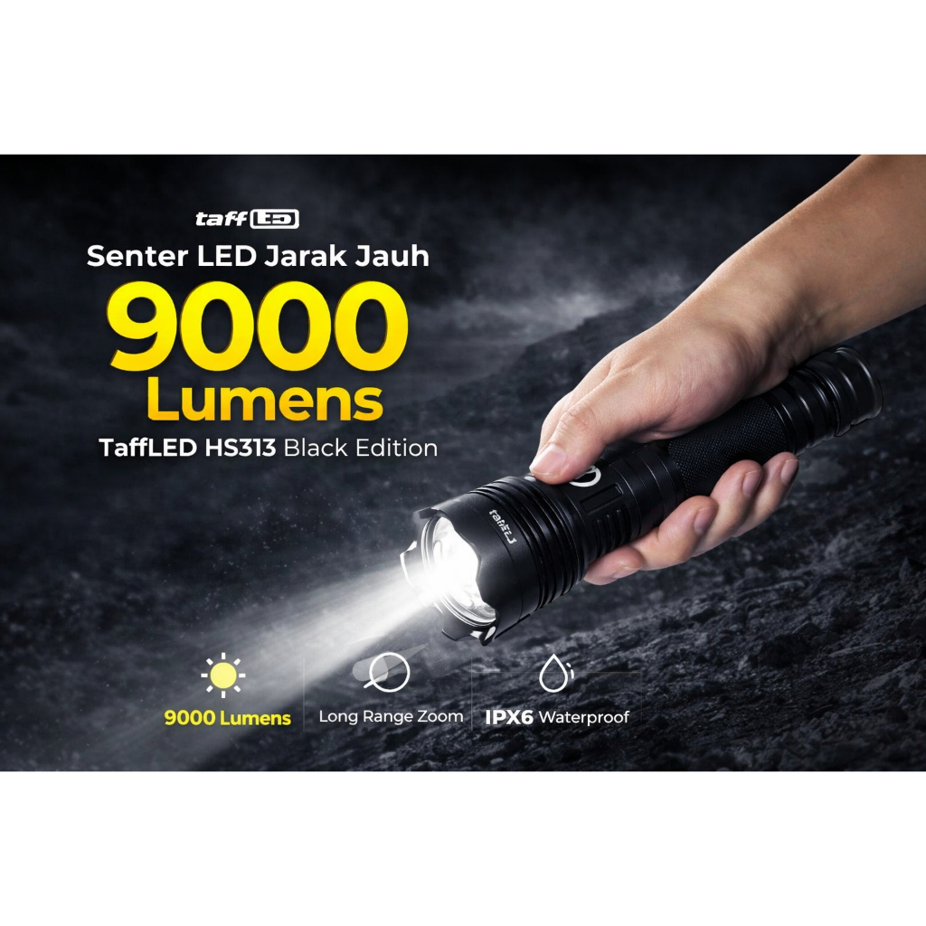 Senter LED Jarak Jauh Zoomable 9000 Lumens TaffLED HS313 Black Edition