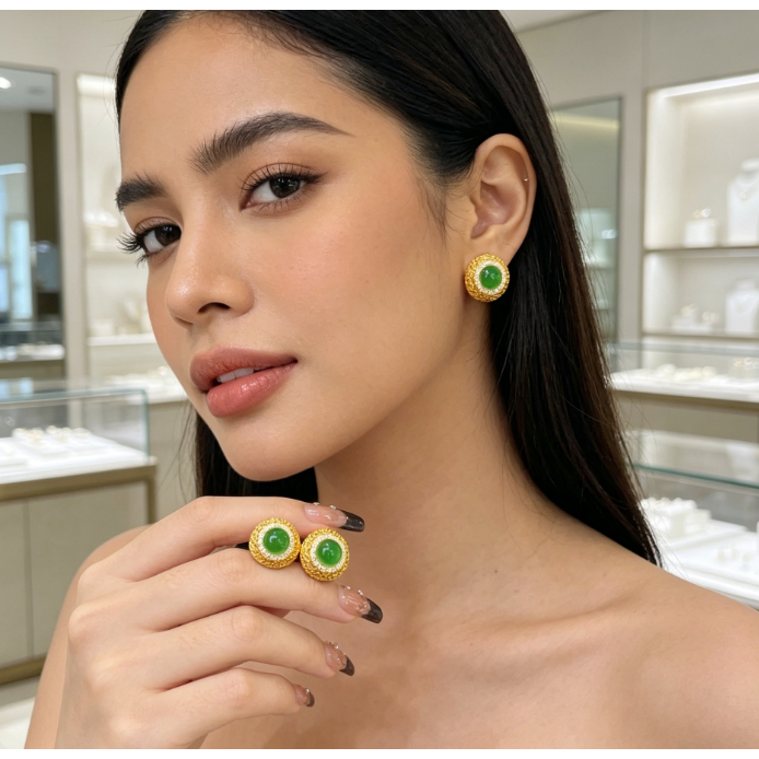 Anting emas wanita 22K Anting Emas Batu Giok Hijau Bulat dengan Zirkon - Perhiasan Wanita Elegan unt