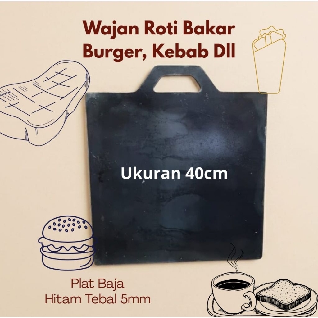 Wajan Panggangan Roti Bakar 40x40cm  Panggangan Steak Kebab Roti Dll Plat Baja Premium Tebal 5mm Ter