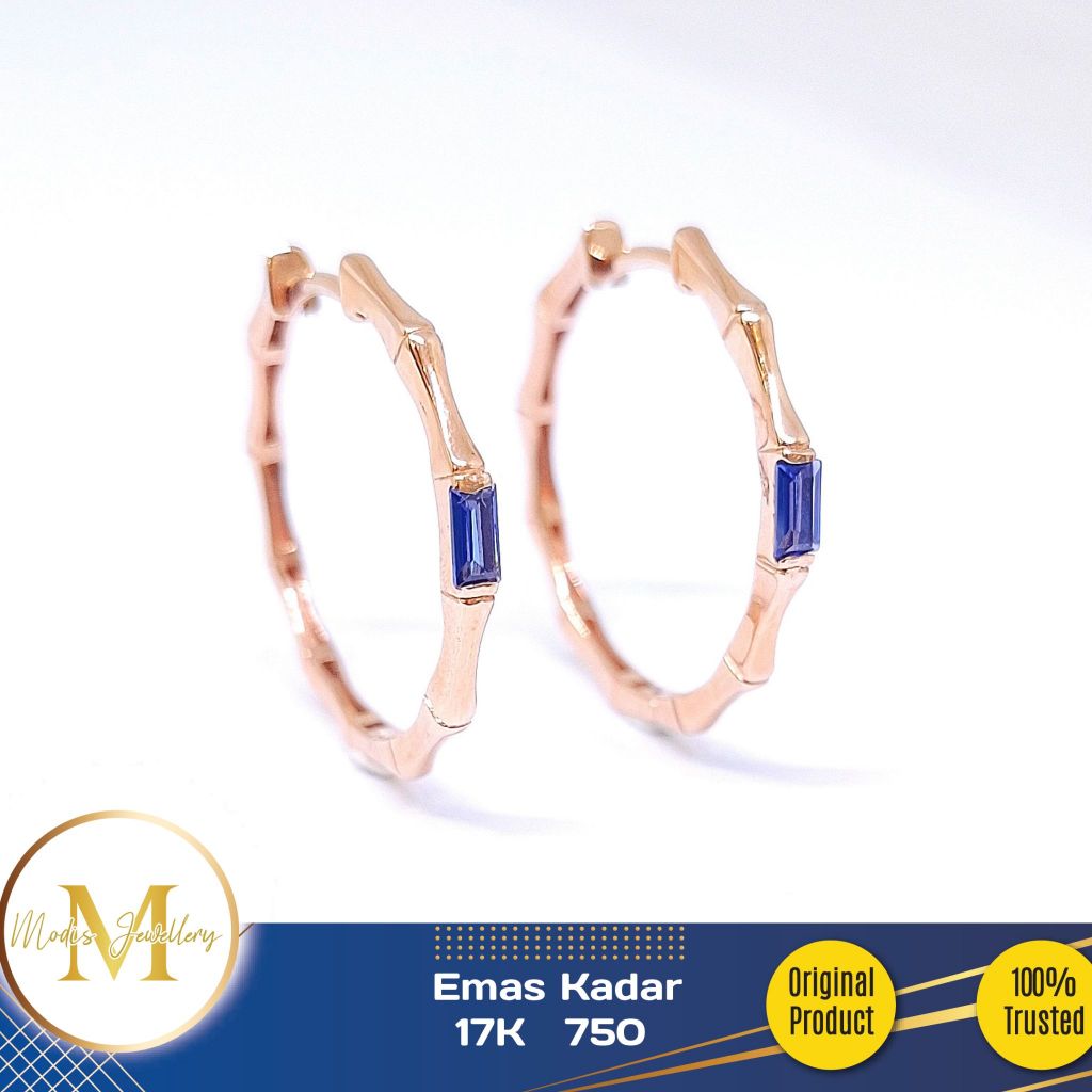 MODIS JEWELLERY - Anting Gipsy Baguette Biru Rosegold  - Emas 17k 750