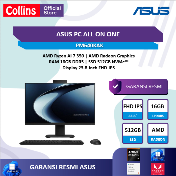 Asus PC AIO PM640KAK AMD Ryzen AI 7 350 RAM 16GB SSD 512GB W11+OHS 23.8FHD K+M WLESS BLK -B7150WS Ga