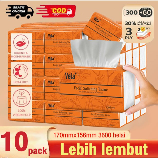 [Harga kejutan]Vela 10 PACK 3600 helai 3 ply harga promo murah gratis ongkir bisa cod tisu kering mu
