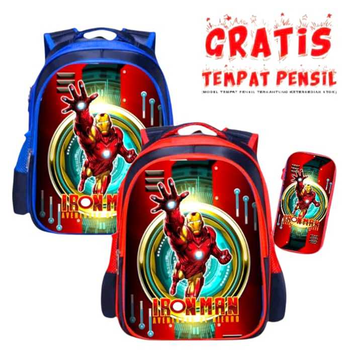 Tas Ironman Tas Sekolah Anak TK SD Laki Laki Gambar Ironman Terbaru 2 ruang Gratis Tempat Pensil