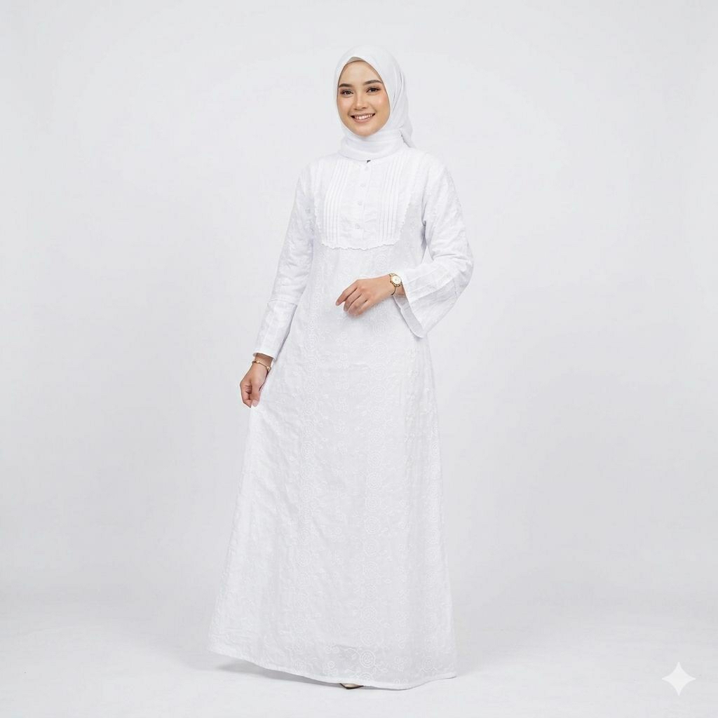 Gamis Wanita Putih Katun Paris Full Bordir / Gamis Ihrom Wanita / Perlengkapan Haji Dan Umroh