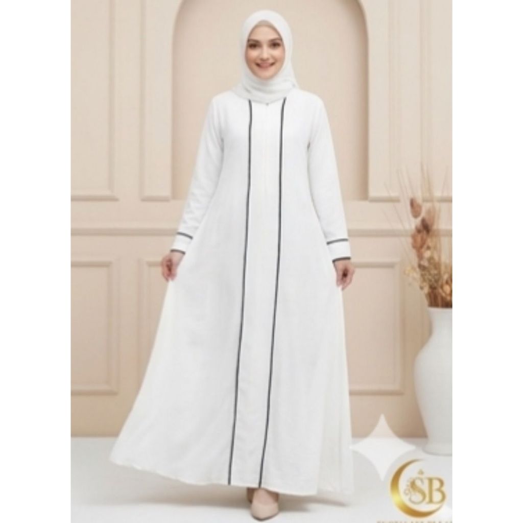 Abaya Turkey Putih Variasi List Hitam - Dress Muslimah Polos Elegan