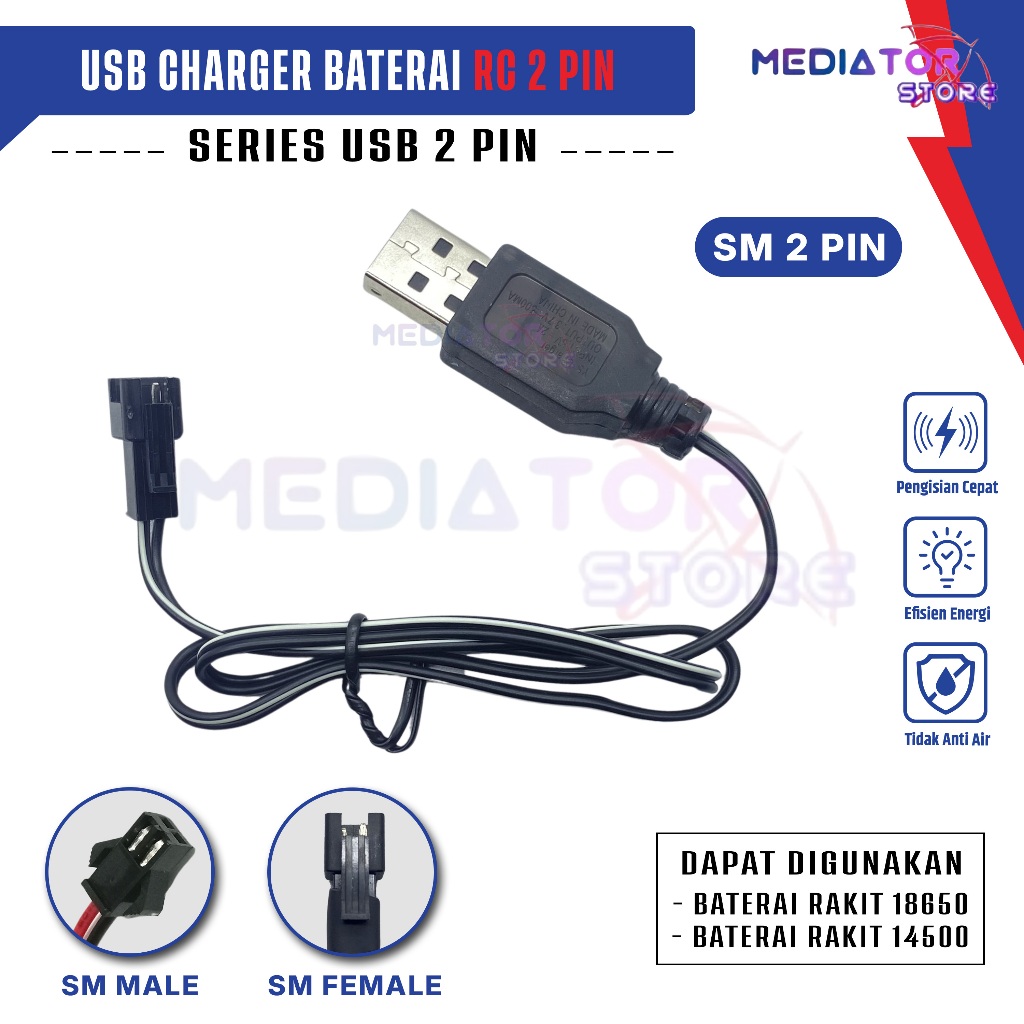Kabel Cas Mobil RC Model USB Panjang Kabel 50Cm Soket Hitam 2Pin