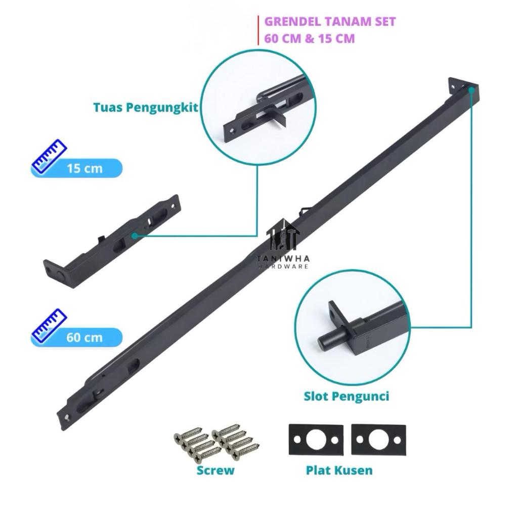 Grendel Tanam Hitam Silver Slot Pintu Tanam Panjang 60 cm Satu set Stainlees Tebal