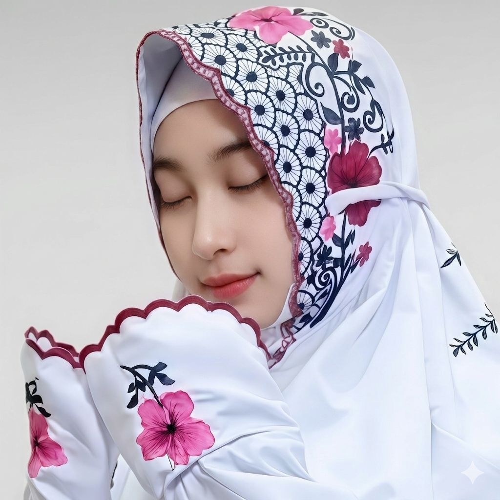Mukena Terusan Bordir Bunga Sepatu | Katun Mikro Premium | Elegan & Mewah untuk Ibadah
