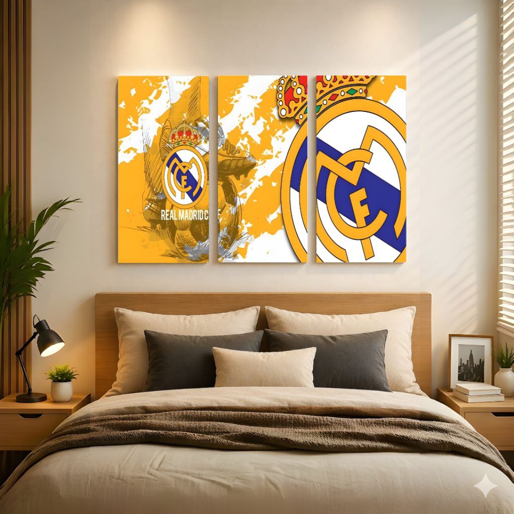 Poster Bola Real Madrid 3 Panel Minimalis – Hiasan Dinding Bola Real Madrid
