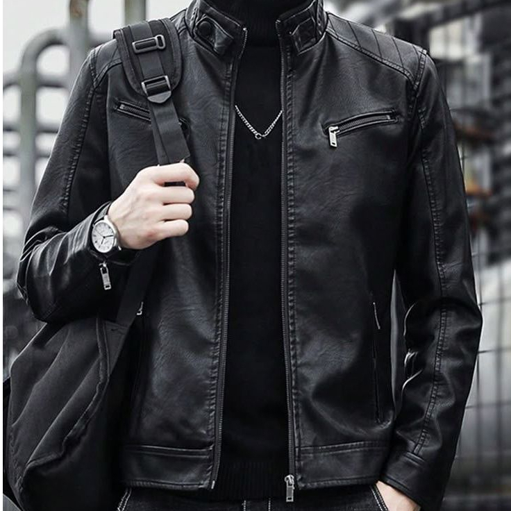 Jaket Semi Kulit Vino Pria Leather Sintetis Black Glossy/Jaket Kulit Pria