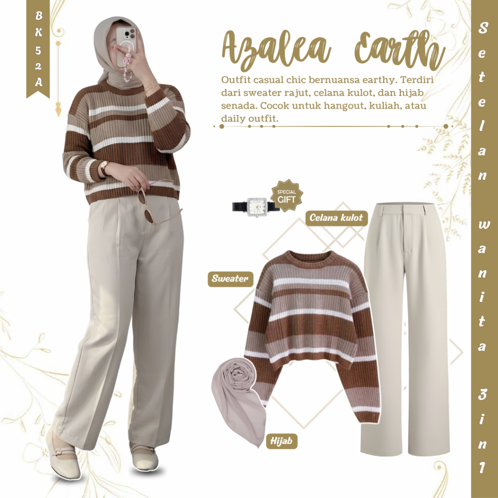 OOTD One Set Perempuan Sweater Rajut Setrip Celana Kulot Dan hijab Casual Outfit BK52A