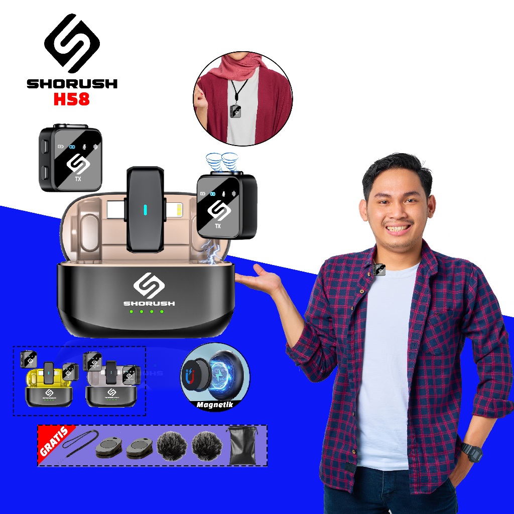 Shorush H58 Dual Wireless Microphone Clip On 2-In-1 Mic Magnetic Mikrofon Nirkabel Lavalier 2 In 1 R